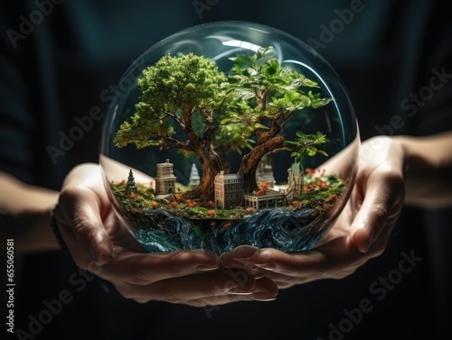 ESG environment social governance concept. Hand-holding crystal globe. Business cooperation for a sustainable environment.World sustainable environment concept. AI Generative.