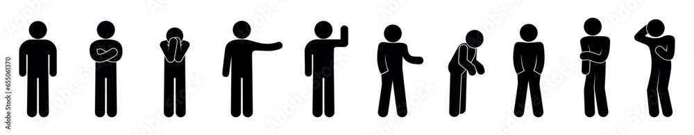 stick figure man icon, set of basic gestures, human silhouettes stick figure man icon, set of basic gestures, human silhouettes
