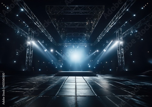 Free stage with lights, lighting devices, Shining spotlights and empty scene. Online event entertainment concept. Background for online concert. AI Generative. © peacehunter