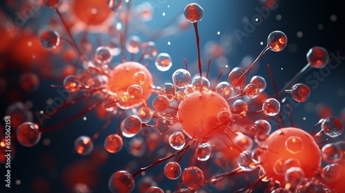 Microscopic particles. Molecules, molecular cell. Close up of a mirco organism, biological illustration. Science, medical, element. 3D render photo