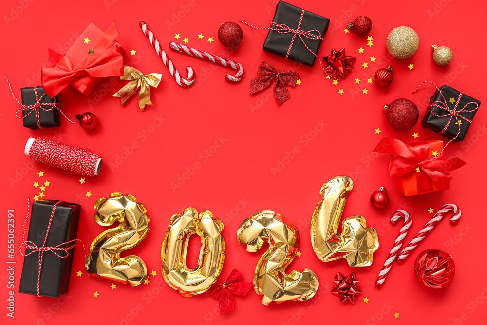 Naklejka premium Frame made of figure 2024 with beautiful Christmas decorations and gift boxes on red background
