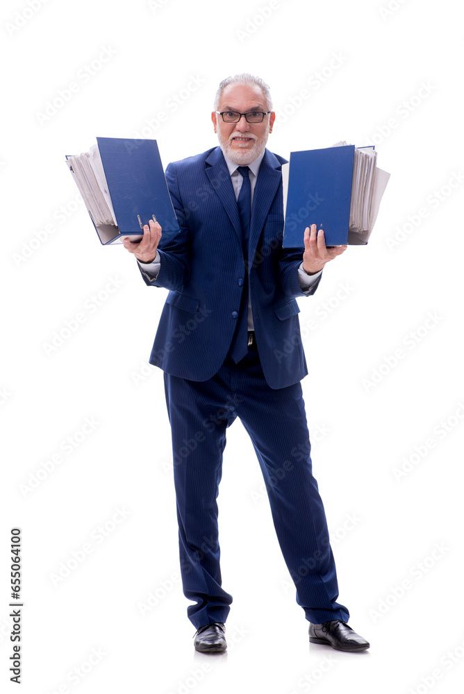 Old businessman holding papers isolated on white Old businessman holding papers isolated on white