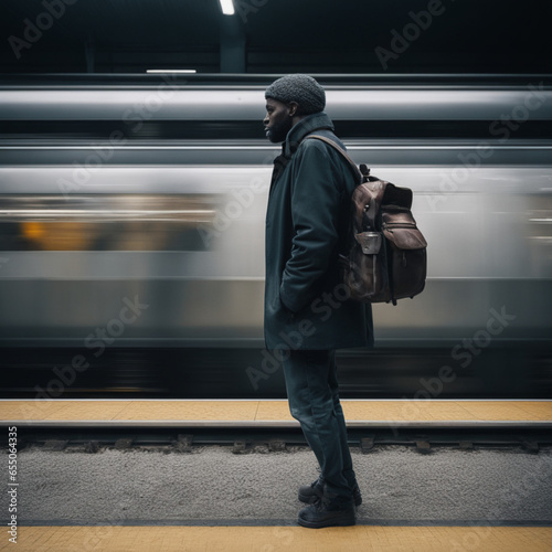 Un hombre con una mochila parado en el andén de una estación viendo pasar el tren 