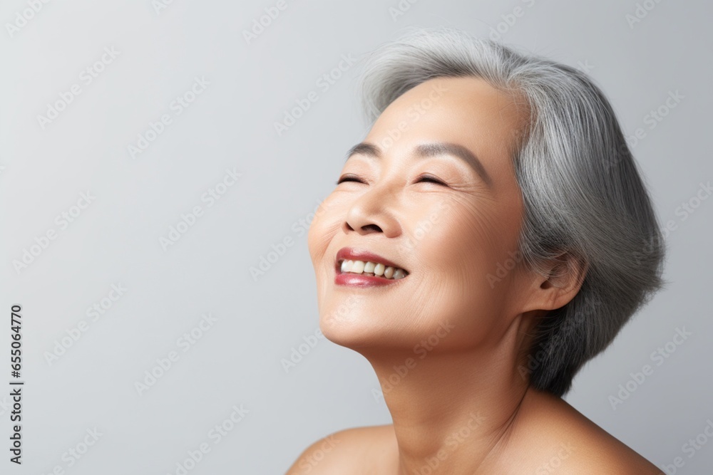 Portrait of a happy senior woman with closed eyes and closed eyes