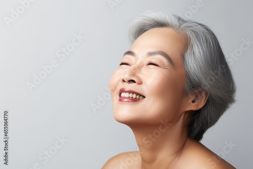 Portrait of a happy senior woman with closed eyes and closed eyes