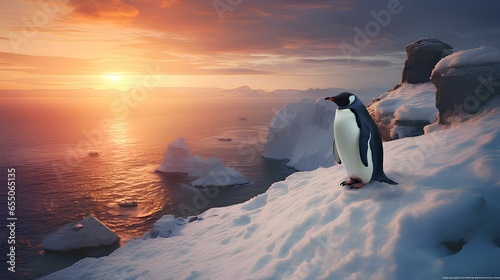 A cute penguin on the edge of a cliff near a beautiful beach photo