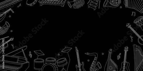 Musical instruments horizontal outline banner. Vector illustration for musical school design. Tuba, trumpet, drum flute, lute, violin, acoustic guitar