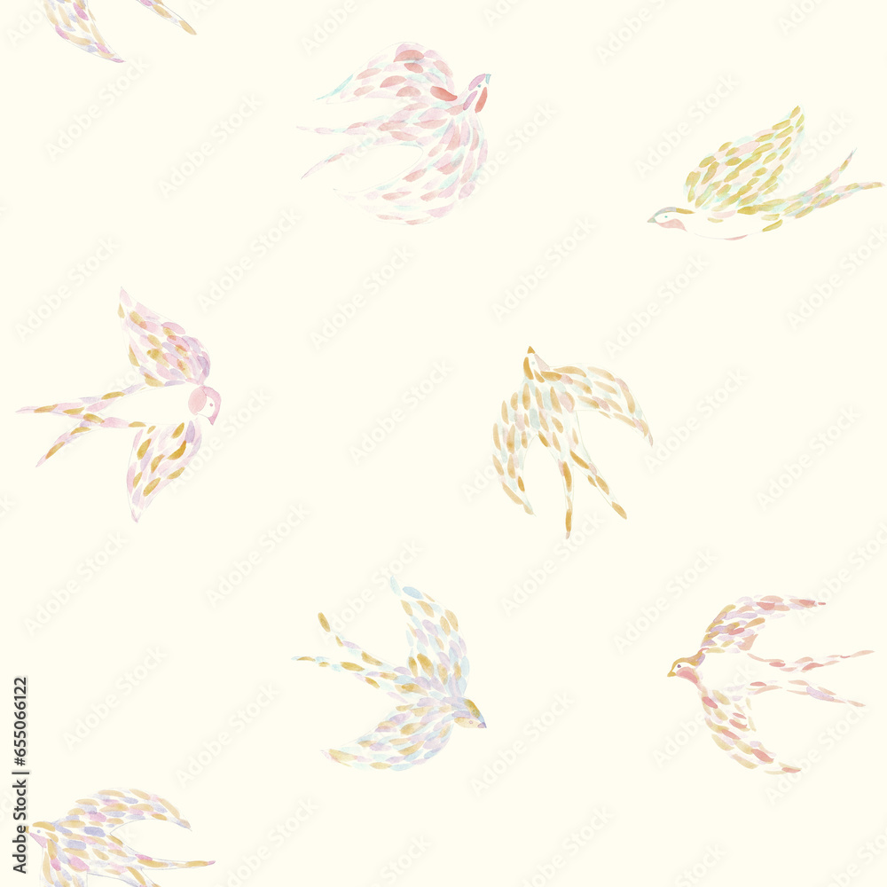 Hand drawn seamless pattern. Spring flying swallows. Surface for textile, wallpaper, gift wrapping paper, decoration, card, print, wedding invitation, background. Hand drawn seamless pattern. Spring flying swallows. Surface for textile, wallpaper, gift wrapping paper, decoration, card, print, wedding invitation, background.