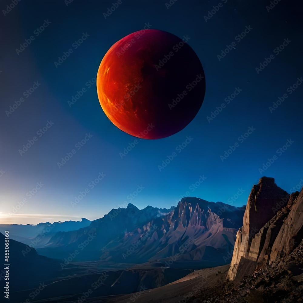 red moon over the mountains, solar eclipse, moon eclipse, big ball of burning gases, big round moon, red moon, moon over mountains, hot air balloon - obrazy, fototapety, plakaty 