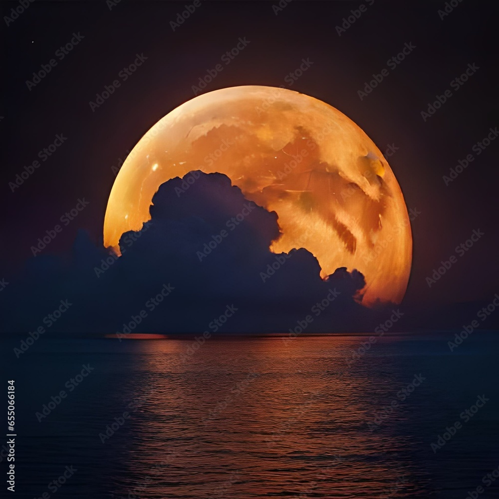 moon over the sea, lunar eclipse, moon behind clouds, full moon, yellow ...