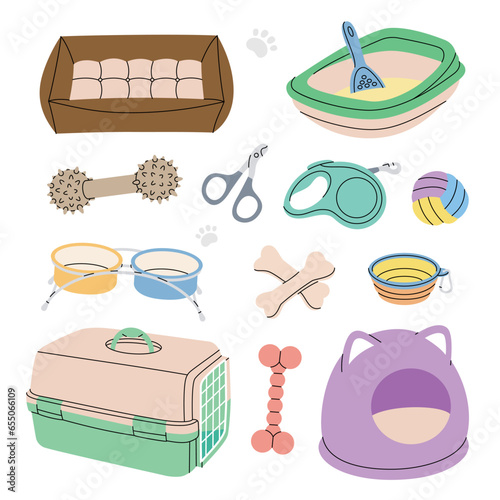Set of pet supplies. Pillow sleep, cat litter box with scoop, carrying case, cage, pet box. Animals accessories, pet toy supplies. Vector illustration
