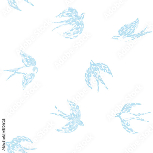 Hand drawn seamless pattern. Spring flying swallows. Surface for textile, wallpaper, gift wrapping paper, decoration, card, print, wedding invitation, background.