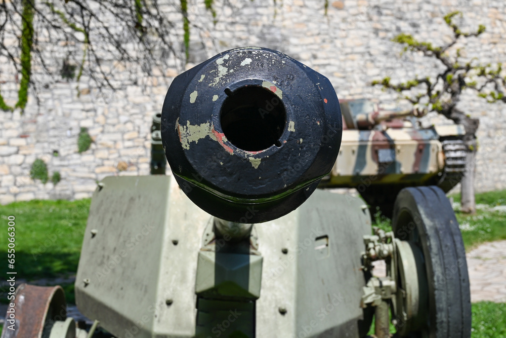 Defense of country, modern battle gun, cannon barrel.