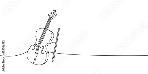 Violin, string instrument one line continuous drawing. Musical instruments continuous one line illustration. Vector minimalist linear illustration