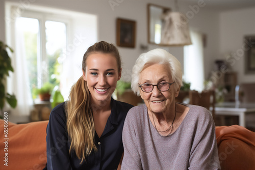 Young girl, age care worker with elderly woman. Female community nurse visits senior lady at home.