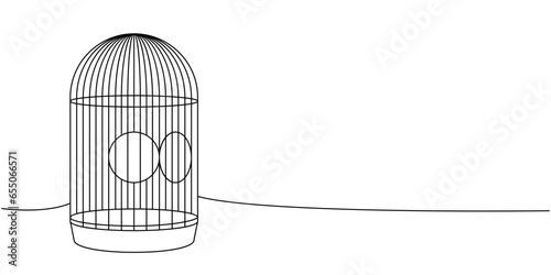 Bird cage one line continuous drawing. Animals accessories, pet toy supplies continuous one line illustration. Vector minimalist linear illustration.