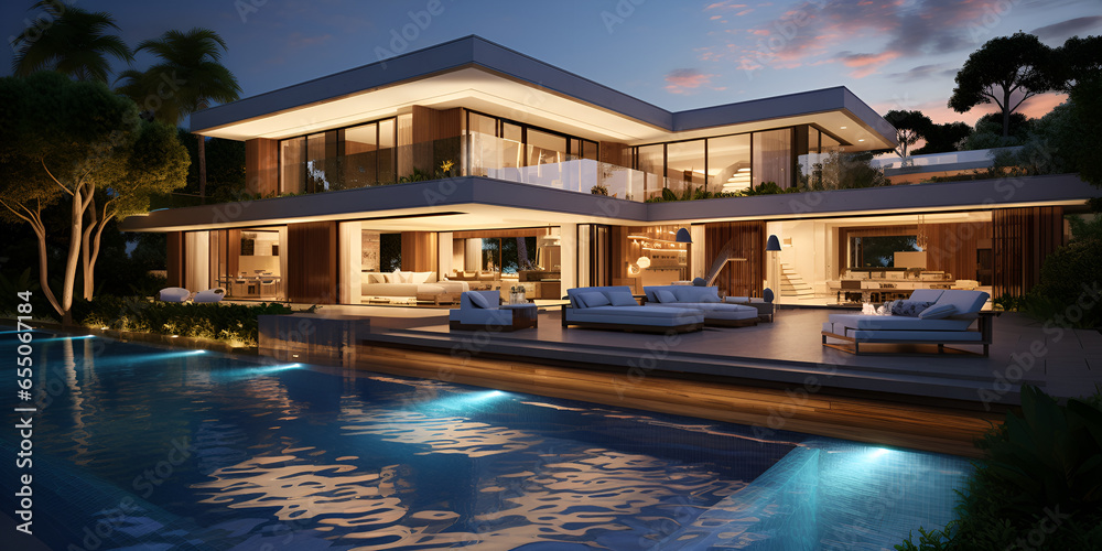 Luxury house project properties with swiming pool near by tree and night view background Aai Generative 