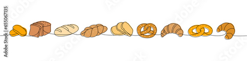 Breads one line colored continuous drawing. Pretzel, ciabatta, croissant, bagel, toast bread, french baguette continuous one line illustration.