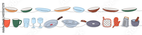 Kitchen utensils one line colored continuous drawing. Ceramic plates, mug, wineglass, frying pan, colander, kitchen mitten one line illustration.