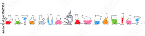 Laboratory glassware one line colored continuous drawing. Conical flask, beaker, graduated cylinder, round bottom flask, filter funnel, microscope photo