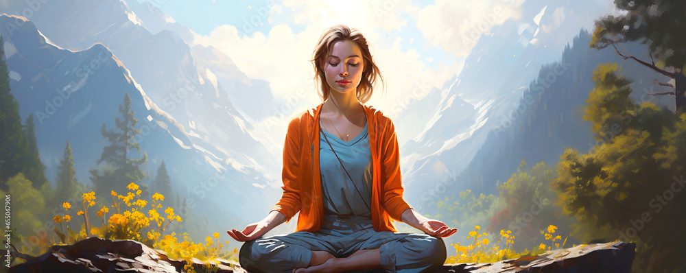 Φωτογραφία Woman Finding Tranquility and Spiritual Awakening in the Serenity of Nature: Zen Meditation