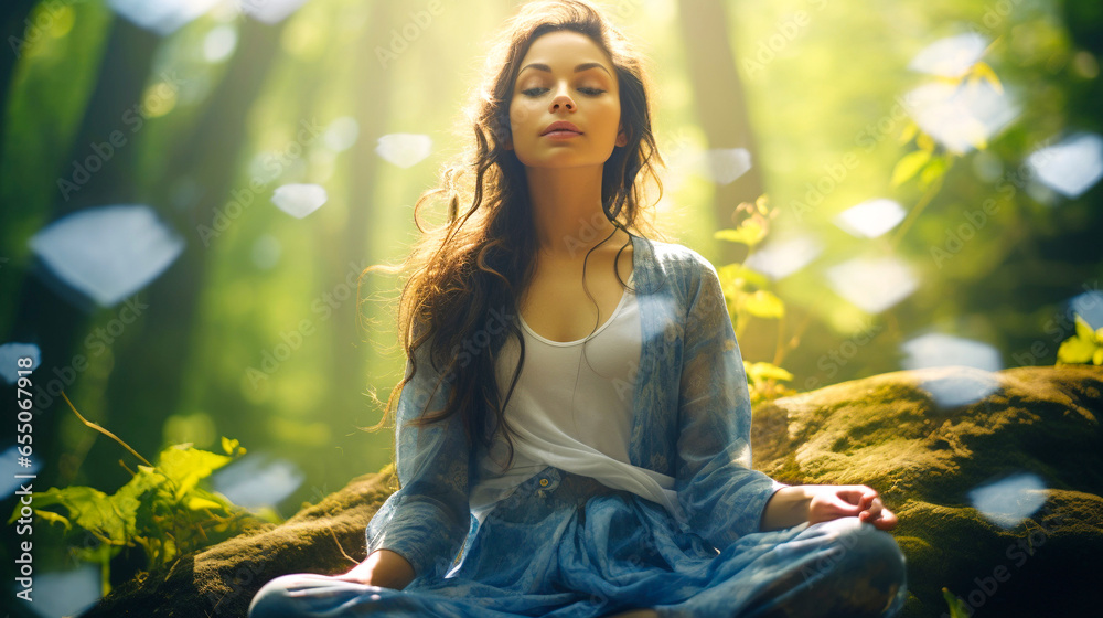 Φωτογραφία Woman Finding Tranquility and Spiritual Awakening in the Serenity of Nature: Zen Meditation