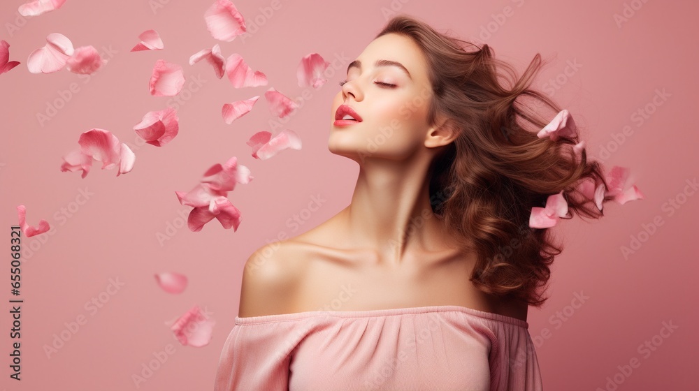 Joyful beautiful woman with perfect skin enjoy herself isolated on pink background under falling confetti and flower petals, studio shot with copy space.