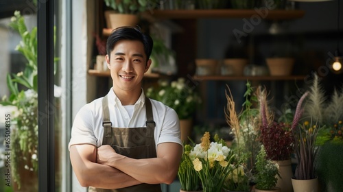 Confident young Asian male florist smiling on blurred flower shop background, owner of small business of a flower shop, with copy space. photo