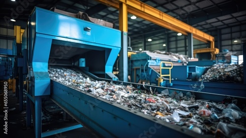 Recyclable materials on conveyor belt in a waste recycling factory. photo