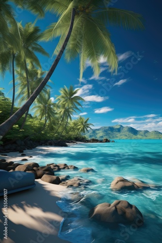 A tropical paradise with palm trees and a turquoise ocean.