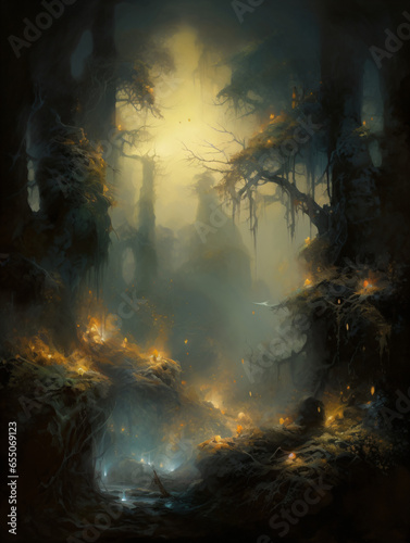 A painting of a forest filled with lots of trees Generative Ai