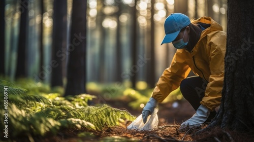 Volunteer picking up a plastic bottles and waste pollution in the forest.