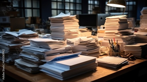 Intriguing of large piles of files on a desk at office.