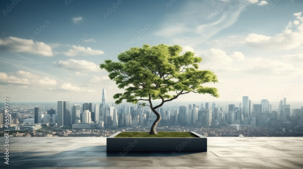 Alone tree on top building with city background. Urbanization and sustainable environment concept.