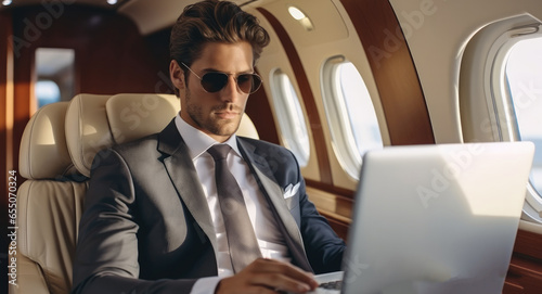 Businessman on private Jet, Handsome businessman in suit using laptop in private plane. © visoot