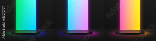 Set of abstract 3D black cylinder podium background with red, green and blue glowing neon lighting wall scene. Minimal mockup product display presentation, Stage showcase. Platforms vector geometric.