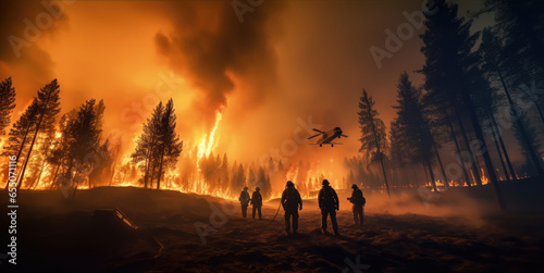 Firefighters fighting the fire while it devours the entire forest, Wildfire. © visoot