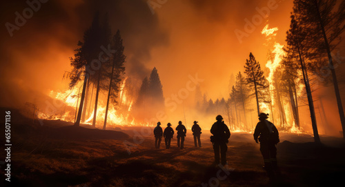 Firefighters fighting the fire while it devours the entire forest, Wildfire.