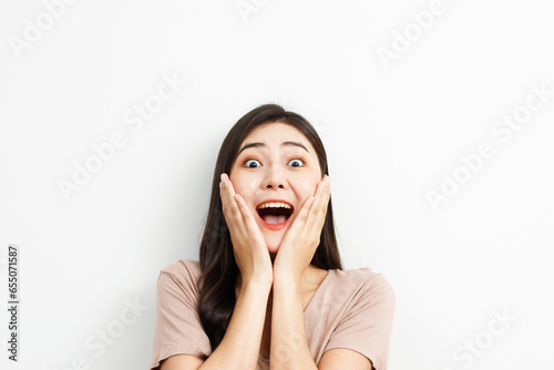 Model asian woman is emotional happy and excited to receive the prize