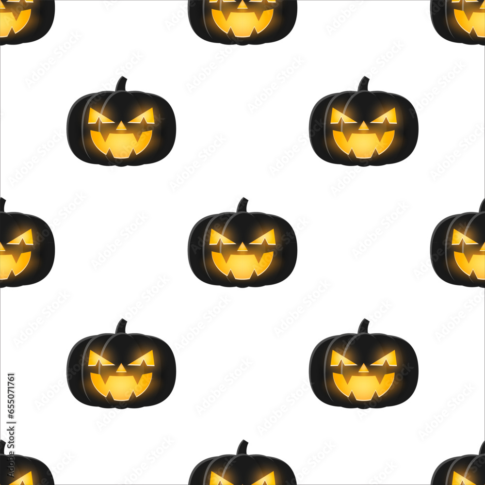 Black Halloween pumpkin with Candle shine light inside, Seamless pattern background. Black Halloween pumpkin with Candle shine light inside, Seamless pattern background.
