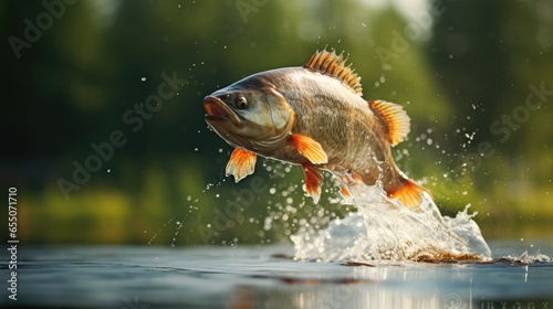 Bass fishing. Largemouth perch fish jumping with splashing in water