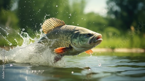 Bass fishing. Largemouth perch fish jumping with splashing in water