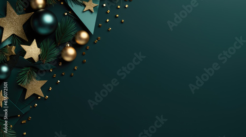 Christmas card with xmas decoration on dark green background