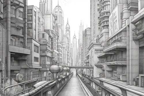 Cutting-edge Architectural Designs: A Modern City Skylines with Iconic Skyscrapers Amidst a Bustling Street Scene, generative AI