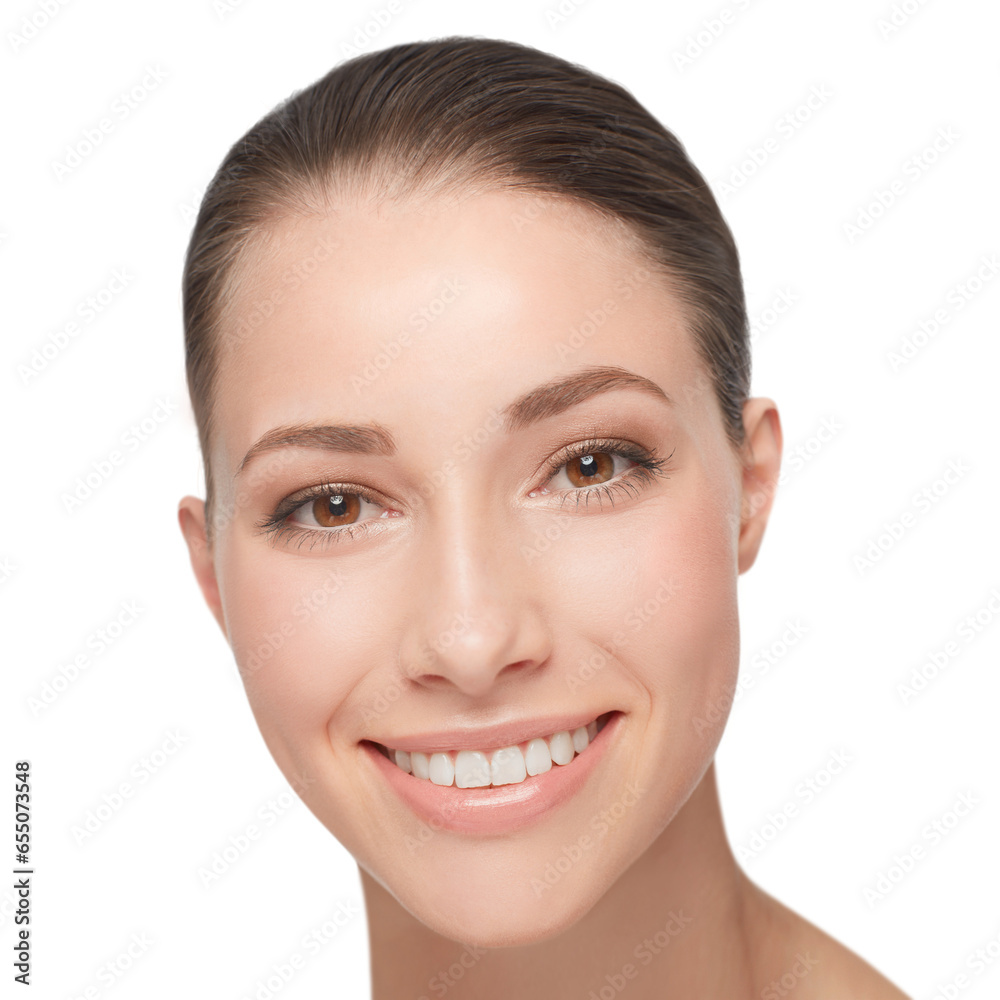 Obraz premium Woman, smile and teeth for dentist portrait clean or wellness smile isolated on transparent png background. Female person, mouth hygiene and dental floss for beauty results, tooth care or whitening