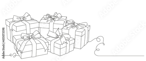 Out line drawing of gift box. Wrapped surprise package for christmas or birthday party .Party and celebration. Gift box line art outline vector illustration