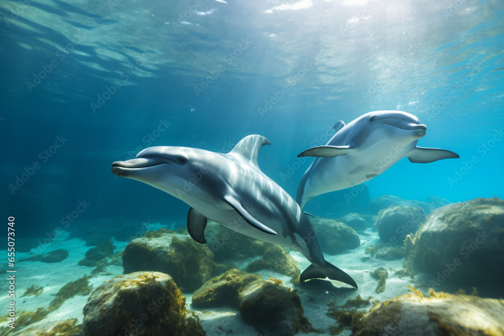 Fototapeta premium Dolphins swim the seabed