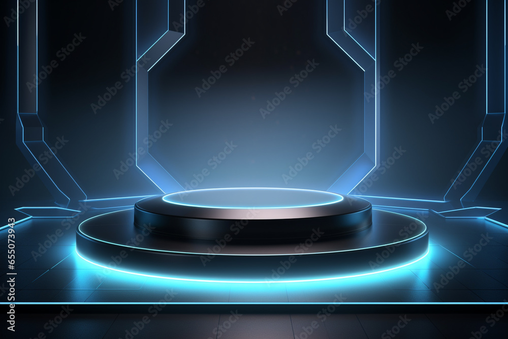 Futuristic illuminated pedestal podium mockup for product presentation generative by ai Futuristic illuminated pedestal podium mockup for product presentation generative by ai