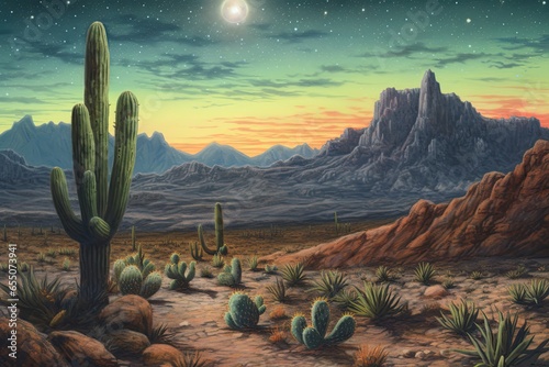 Awe-Inspiring Cactus Drawing: Towering Cacti, Rugged Mountains, and Star-Filled Sky in Arid Beauty, generative AI