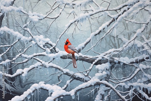 A Vibrant Red Cardinal Perched on a Snow-Covered Tree Branch in a Winter Wonderland, generative AI